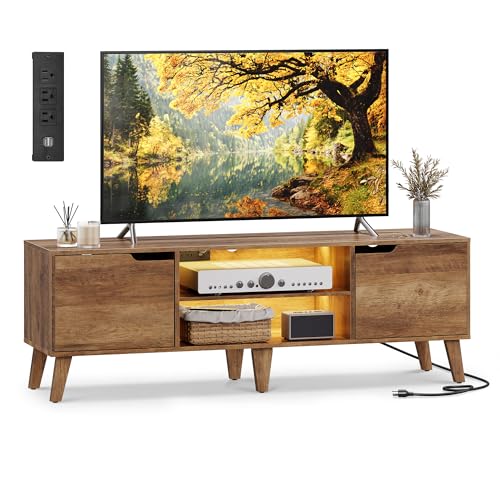 VASAGLE TV Stand with Power Outlet, Entertainment Center with LED Light