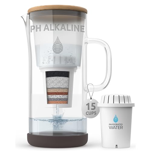 Invigorated Water pH Restore Glass Water Filter Pitcher, 15-Cups | Alkaline Water Filter Pitcher & Filtration Systems - High pH, BPA-Free, Removes Chlorine, Heavy Metals &ndash; 96 Gallons/Filter