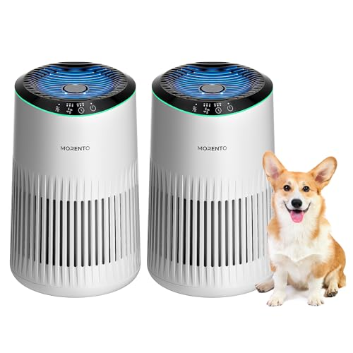 MORENTO - Air Purifiers for Bedroom Home for Smoke Pet Dander Odors, Air Purifier with Sleep Mode Small Air Purifier with Fragrance Sponge for Bedroom Office, Blue Ambient Light, 23dB Quiet, 2 Pack Ivory