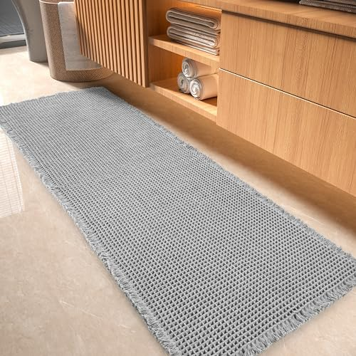 tchdio Waffle Bath Mat-Runner Rug, Super Absorbent Non Slip Bath Mats for Bathroom Machine Washable Long Rugs with Tassels, Bath Rugs for Bathroom Floor Beside Tub, 2' x 4'(24" x 48")