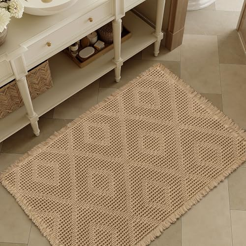 PureCozy Upgraded Waffle Bath Mats for Bathroom, Super Absorbent Non Slip Bathroom Rugs, Indoor Kitchen Washable Door Mat, Ultra Soft Quick Dry Bath Rug for Laundry Room, Brown, 24"x36" 24"x36" Brown&rhombic