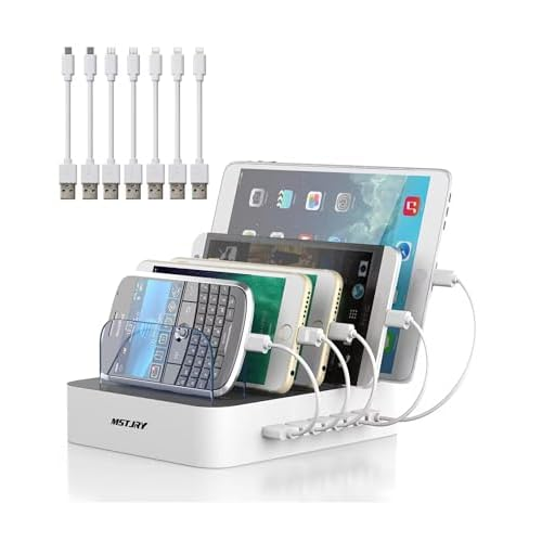 MSTJRY Charging Station for Multiple Devices : 5 Port Multi USB-A Charger Stations Multi-Device Organizer Charging Dock Designed for iPhone iPad Cell Phone Tablets (7 Short Cables Included)