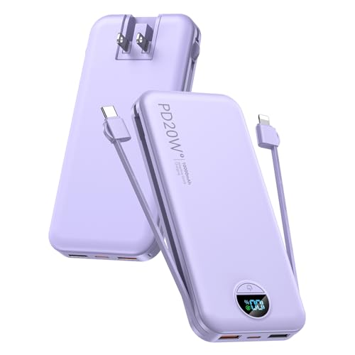 citicr Portable Charger, 10000mAh PD20W USB C Fast Charging Power Bank with Built-in Cables and AC Wall Plug, Smart LED Display Travel Essentials Battery Pack Compatible with iPhone, iPad, Samsung etc Purple