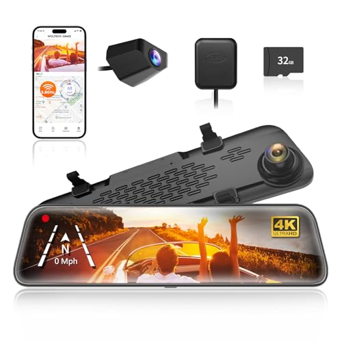 WOLFBOX G840S 12" 4K Mirror Dash Cam Backup Camera, 5.8GHz WiFi Smart Rearview Mirror for Cars & Trucks, Front and Rear View Dual Cameras, Night Vision, Parking Assistance, Included 32GB Card & GPS