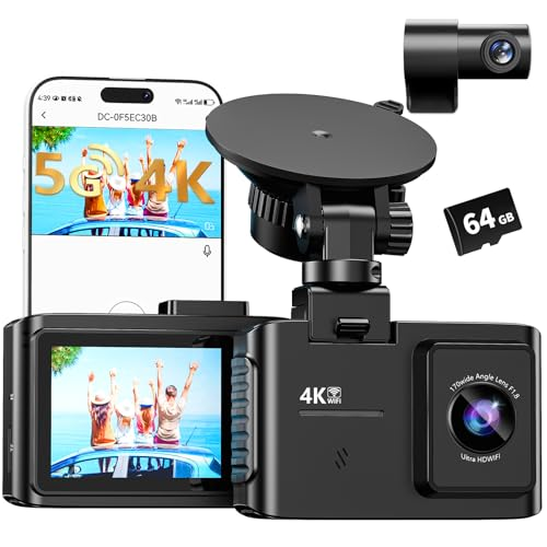 WANLIPO Dash Cam Front and Rear: 4K Dual Channel Dash Cam - 5GHz WiFi, Dash Camera for Cars with 64GB Card, 2" IPS, App Control, G-Sensor, Loop Recording, 170° Wide Angle, Night Vision, 24H Parking Mode