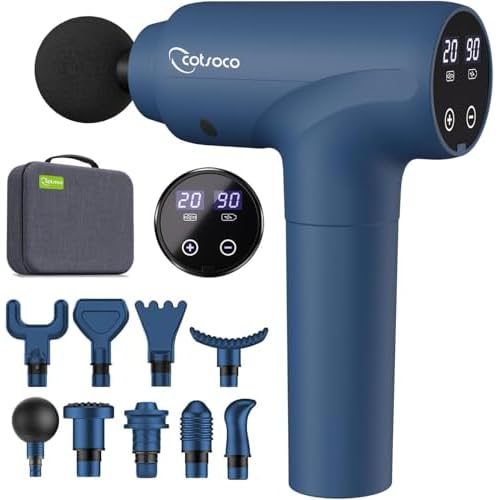 cotsoco Massage Gun Deep Tissue, Muscle Massage Gun with 9 Attachment Heads 20 Speeds & Silent Brushless Motor for Pain Relief, Handheld Percussion Back Massager Gun for Athletes