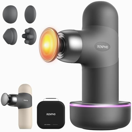 RENPHO Mini Thermal Deluxe Massage Gun with Quick Charging Dock and Heat, Mothers Day Gifts, Color Silicone Sleeves, Travel Size Percussion Massager with Carry Case, Deep Tissue Muscle Massager