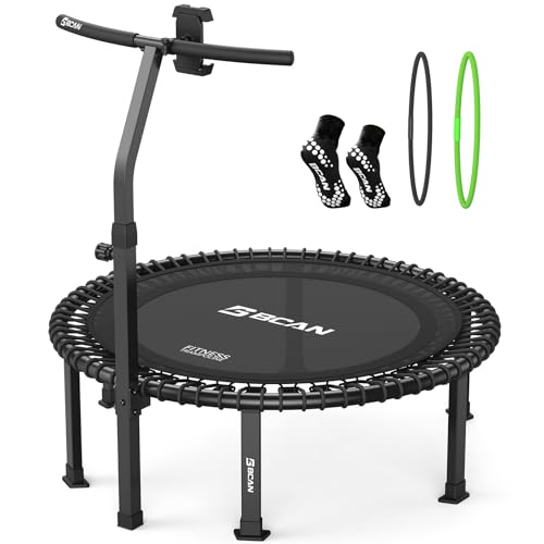 BCAN BT4 40"/48" Soft Land Pro Adult Bungee Rebounder Trampoline, 500lb Capacity, Adjustable Tension Bungees, One-Piece Frame, Quiet Indoor Cardio w/Handle, Phone Holder & 2 Pairs Socks| FED Fitness