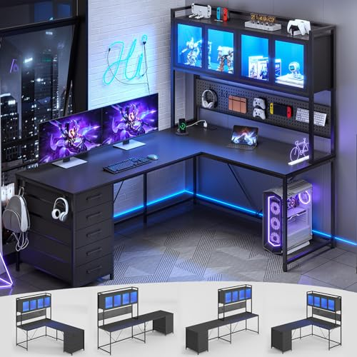 SEDETA L Shaped Gaming Desk with Drawers, L Shaped Computer Desk with Hutch and Storage Shelves, Gaming Desk with Pegboard, Led Lights, and Power Outlet, Home Office Desk, Corner Desk, Black $179.99 $0.00