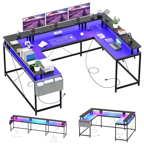 Jojoka U Shaped Computer Gaming Desk, Reversible L Shaped Desk with Power Outlets, LED Strip & Monitor Stand, Large Corner Desk with Storage Shelves for Home Office, Black
