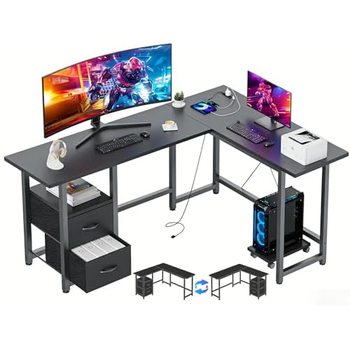 Gizoon 66" L Shaped Gaming Desk with Large Drawers, Reversible Corner Desk with Power Outlets & Moveable CPU Stand, Home Office Computer Desk, Black