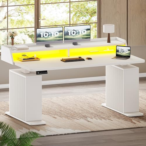 SEDETA Standing Desk with Storage, 55" Fluted Stand Up Desk with Power Outlets & LED Lights, Height Adjustable Table with Monitor Shelf for Home Office, Gaming, White