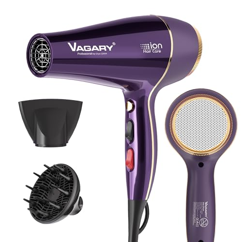 VAGARY Hair Dryer with Diffuser Concentrator, 2200W Professional Salon Ionic Blow Dryer for Frizz Free Smooth Hair, Featuring 2 Speeds and 2 Heat Settings, Cool Shot Button（Purple）
