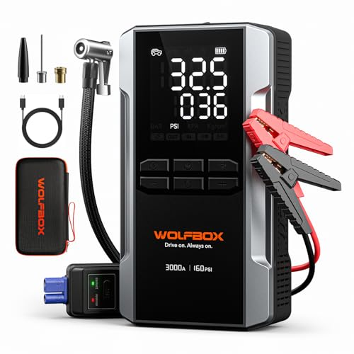 WOLFBOX 3000A Jump Starter with Air Compressor, 59.2Wh&160PSI Portable Car Battery Jump Starter with 65W Fast Charging, 12V Battery Pack (8L Gas 6L Diesel Engine) with Boost, Light and Jumper Cables 