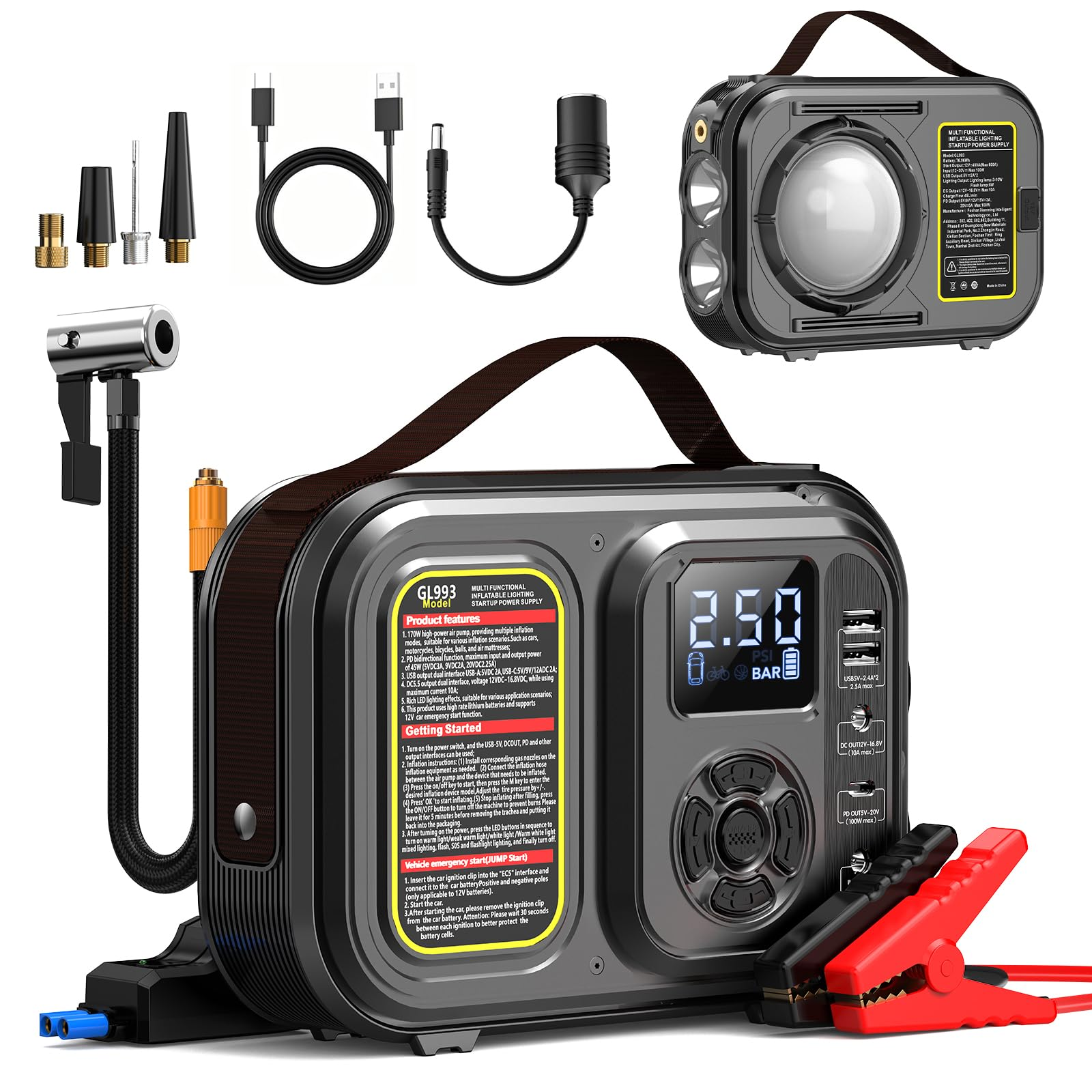 KURSOHEY Tire inflator Portable air Compressor,Jump Starter with Air Compressor,13-in-1 9000A,45W Quick Charger, 12V Car Battery Jump Starter (All Gas/12L Diesel),with 7 Model LED Light