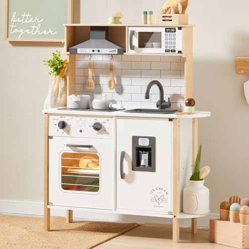 Tiny Land Play Kitchen for Kids, Wooden Kids Play Kitchen Playset Chef Pretend Play Set for Toddlers with Real Lights & Sounds, Toys Kitchen with 18 Pcs Toy Food & Cookware Accessories White