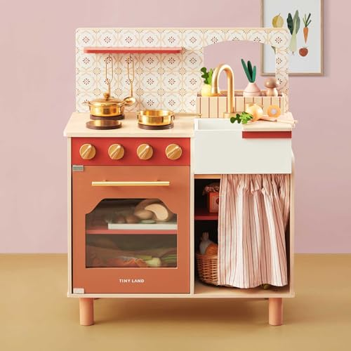 Tiny Land Play Kitchen, Kids Kitchen Playset, Toddler Kitchen with Cutting Food Set, Wooden Kitchen Sets for Kids, Best Gift for Girls and Boys Warm Brown