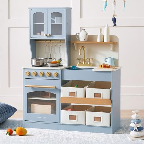 Tiny Land Play Kitchen for Kids with Enhanced Storage &ndash; Modern Toddler Kitchen Playset with Stove, Sink & Accessories, Organized Wooden Toy Kitchen, Ideal for Toddlers Blue