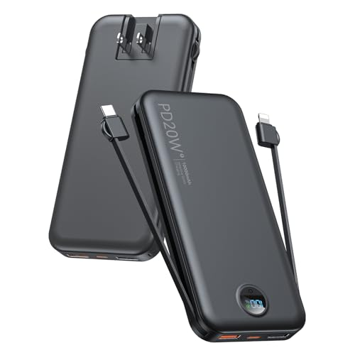 citicr Portable Charger, 10000mAh PD20W Fast Charging Power Bank with Built-in Cables & Wall Plug, External Battery Pack with LED Display, Travel Essentials Battery Bank for iPhone, iPad, Samsung Matte Black Matte Black 10000mah