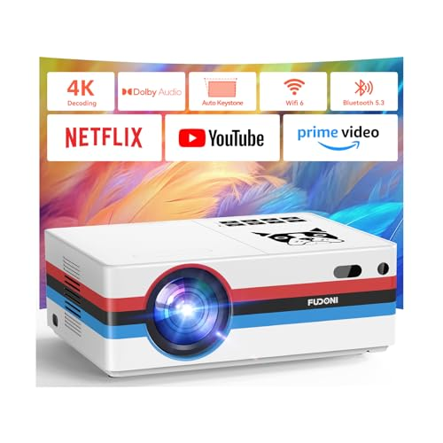FUDONI - [Compatible with Netflix, 2000 ANSI] Smart Projector with WiFi 6 and Bluetooth 5.3, Electric Focus Auto Keystone, Native 1080P Outdoor Movie Projector with PrimeVideo/YouTube, for HDMI/USB/iOS/Android White