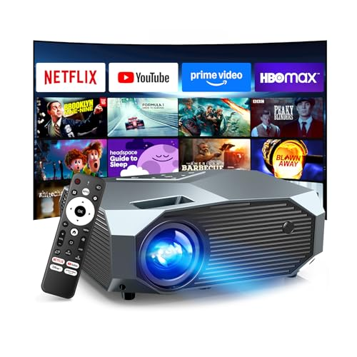 YOWHICK - [Compatible with Netflix/High Brightness] Smart Projector with WiFi 6 and Bluetooth 5.3, 4K Outdoor Movie Projector with Prime Video/YouTube, Portable Proyector Compatible with HDMI/USB/iOS/Android Grey