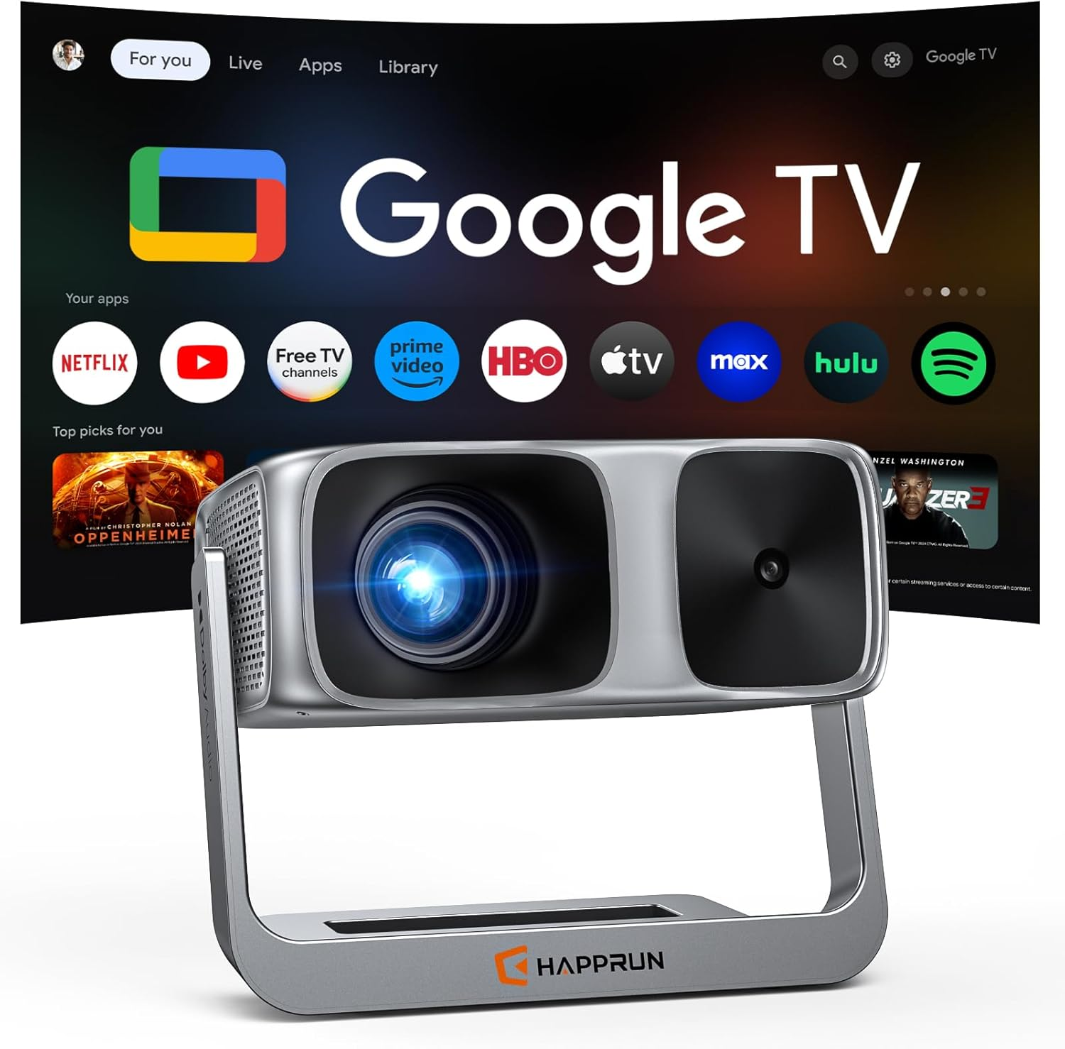 HAPPRUN 2000 ANSI Official Licensed Google TV Outdoor Projector 4K Decoding, Smart Projector with Wifi and Bluetooth, Auto Focus, Dolby Sound, Built-in Apps, HAPPRUN Indoor Home Theater with 270° Stand