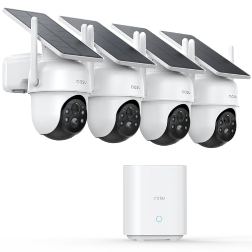 aosu Security Cameras Outdoor Wireless, 4 Cam-Kit, No Subscription Required, Solar-Powered, Home Security Cameras System with 360&deg; Pan & Tilt, Auto Tracking, 2K Color Night Vision, Easy Setup