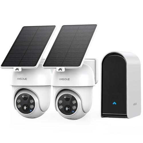 ANSQUE Security Cameras Wireless Outdoor Home System, 2 Camera Kit, No Subscription Fees, Solar Powered, Local Storage, 365-Day Battery Life, 360&deg;PTZ Surveillance, Auto Tracking, 2K Color Night Vision