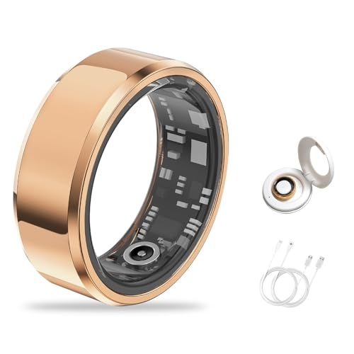 Smart Ring for Women & Men, Fitness Tracker with Heart Rate/Blood Oxygen/Sleep Tracker/Step Counter for iPhone & Android, Magnetic Charging Case, IP68 Waterproof, No Subscription Fee (Gold 8)