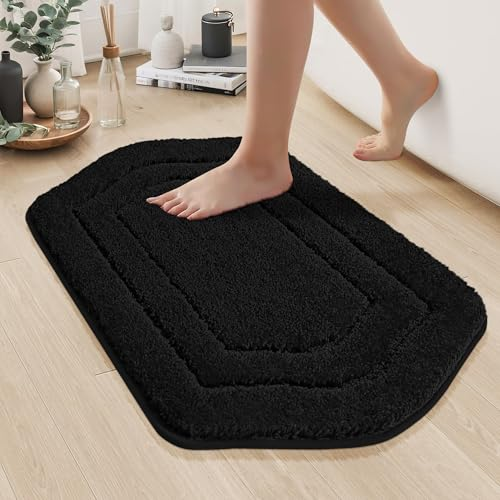 COSY HOMEER Bathroom Mat Rugs 20&rdquo;x32&rdquo; Non-Slip Absorbent Bath Mat Plush Shaggy Machine Washable Bath Rugs Soft Polyester Bath Mats for Bathroom Floor,Tub and Shower,Black