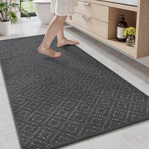 AMOAMI Thin Bath Mat, Super Absorbent Bath Mats for Bathroom, Quick Dry Rubber Backed Bath Rug Non Slip, Chenille Surface Thin Bathroom Rugs Fit Under Door,Low Pile Shower Rug,Dark Grey,24" x 70"