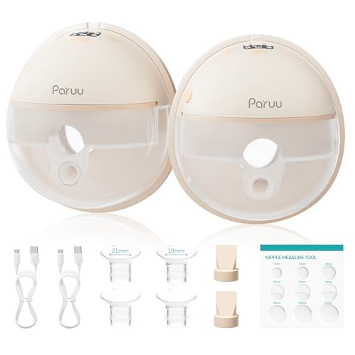 Paruu Hands Free Breast Pump P16, Wearable Breast Pump Electirc Portable with 4 Modes & 12 Levels, Max 309mmHg Strong Suction 19/21/24mm Flange Inserts Wearable Breastfeeding Pump, 2 Pack(Nude