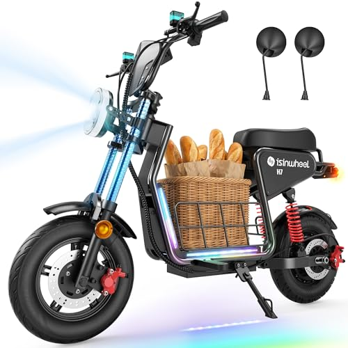 isinwheel H7Pro/H7 Electric Scooter with Seat, 43 Miles Range, 38/35 MPH High Speed, 16"/15" Fat Tire Scooter for Adult with Mood Lights, NFC Start, 1200/1500W Motor E Scooter with Storage Basket