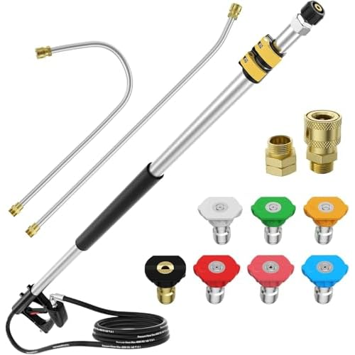 EVEAGE 10 FT Pressure Washer Telescoping Wand, Pressure Washer Extension Wands, Professional Power Washer Gutter Cleaner with 7 Spray Nozzle Tips, 2 Hose Adapters (Silver, 10FT)