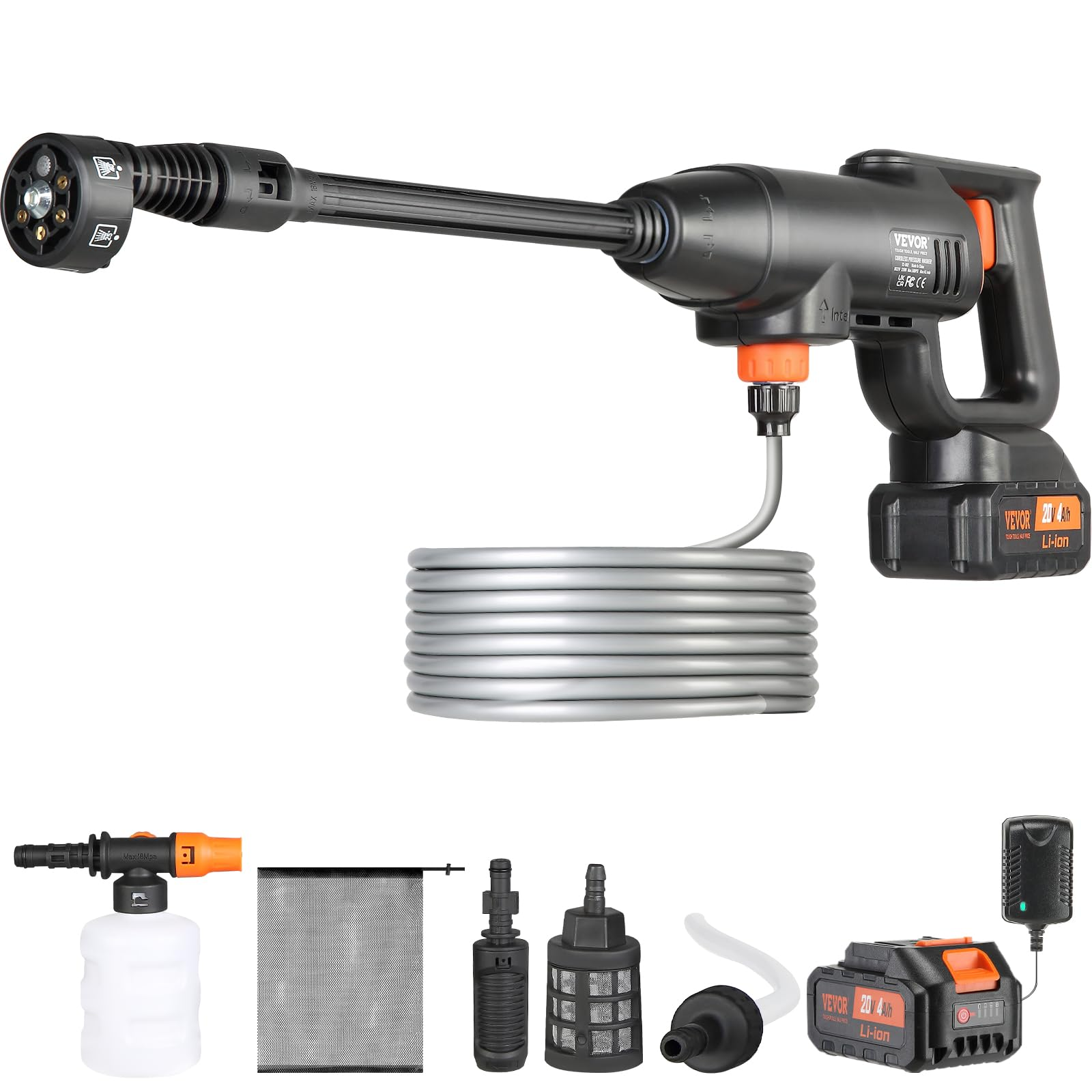 VEVOR Cordless Pressure Washer, 580-PSI 1.1 GPM Portable Power Cleaner, Handheld High-Pressure Car Washer Gun with 4.0Ah Battery, Charger, 6-in-1 Nozzle, for Home/Floor Cleaning & Watering 580 PSI