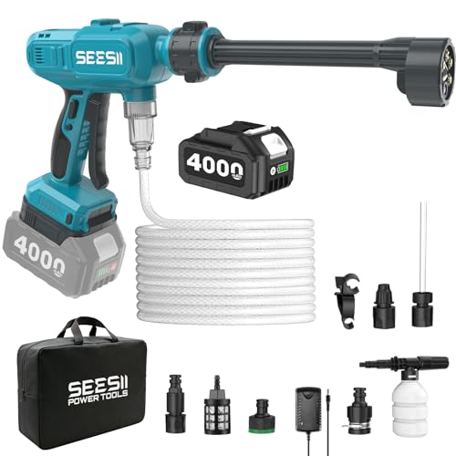 SEESII Cordless Pressure Washer, Portable Power Washer with 4000mAh Battery, Electric Washer Gun with 6-in-1 Nozzle & 27FT Hose, Handheld Power Cleaner for Car, Driveway, Garden, Patio and Fence