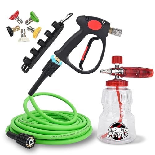 BEAR FORCE High Pressure Washer Spray Gun & Foam Cannon 32oz & Kink Resistant Hose 32ft Kit, Short Handheld & Water Hose Set, Compatible with Some of Ryobi, Greenworks, CRAFTSMAN Portland Most Brand Power Washer