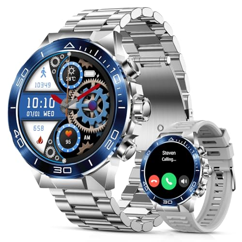 SOUYIE Smart Watch for Men,1.43''AMOLED Screen with 24 Hours Healthy Monitor, 100+ Sports Modes Fitness Tracker Watch, 400mAh Battery Pedometer Calorie Smartwatch Compatible Android iOS Silver