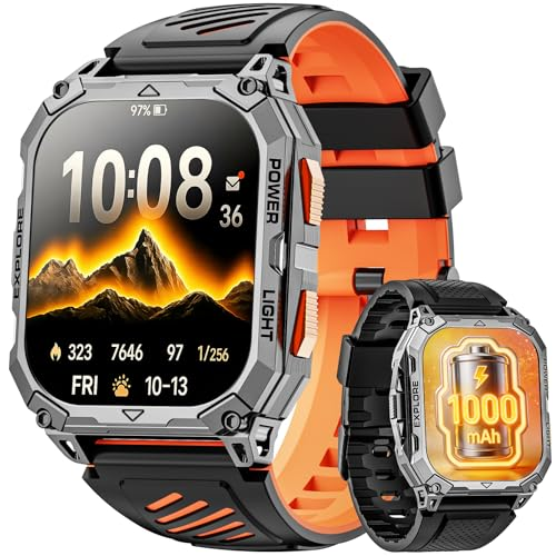 Hwagol Smart Watches for Men, 2.01" HD Military Smart Watch with 1000mAh High-Capacity Battery/Led Flashlight/Answer/Make Call/Heart Rate/Sleep Monitor/Step Tracker, Fitness Tracker for Android/iPhone Orange