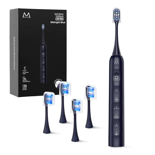 Marlincare Electric Toothbrush for Adults, Rechargeable Sonic Toothbrush with 180 Days Battery Life, 5 Modes, 48000VPM Motor, Smart Timer, IPX8 Waterproof, 4 Brush Heads and Travel Case, Black Midnight Blue