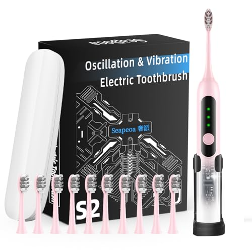 Seapeoa Adult Sonic Electric Toothbrush with 10 Brush Heads, Travel Case, and Wall Bracket, Suitable for Both Adults and Kids, IPX8 Waterproof, USB Charging, 42000VPM, Pink Tech Pink