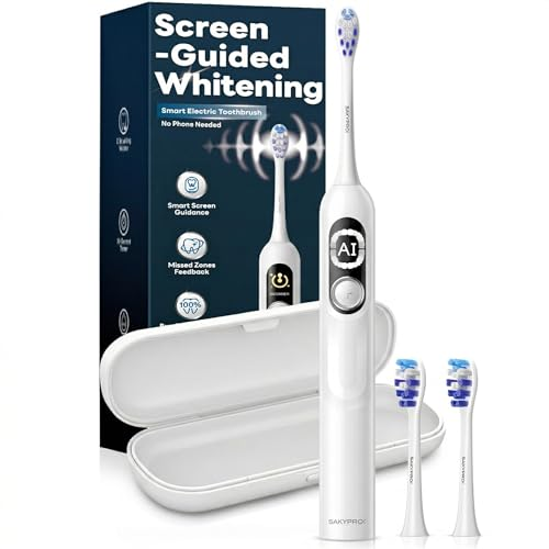 SAKYPRORAL AI Electric Toothbrush for Adults, Sonic Rechargeable Whitening Toothbrush with 6-Zone Tracking, Soft Replacement Heads & Travel Case (Pearl White, 1 Count with 2 Brush Heads)