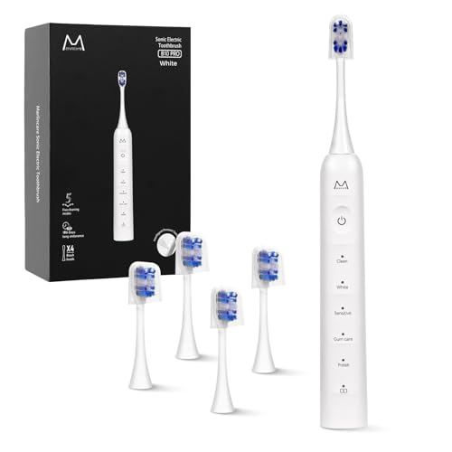 Marlincare Electric Toothbrush for Adults 180 Days Battery Life Rechargeable with 5 Modes, 48000VPM Motor Smart Timer IPX8, Sonic Toothbrush with 4 Brush Heads &Travel Case, White