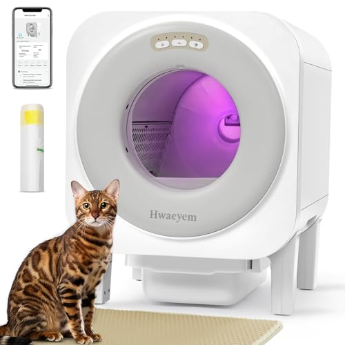 Hwaeyem Automatic Cat Litter Box Self Cleaning, APP Control Self Cleaning Litter Box for Multiple Cats Homes, 68L Cat Self Cleaning Litter Boxes for Cats Weighing 3.3-44 Lbs, Safety Sensors & Odor Removal