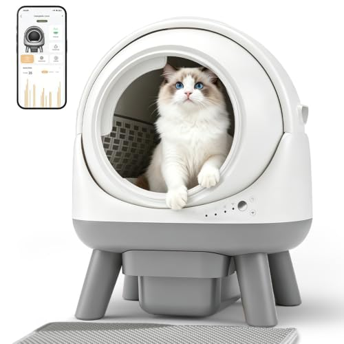 ZHMZ Self-Cleaning Litter Box, Automatic Cat Litter Box for Multiple Cats, Self-Cleaning Robot with Smart App Control, Odor Control and Anti-Pinch Safe, Litter Mat & 2 Rolls Trash Bags, White-Grey