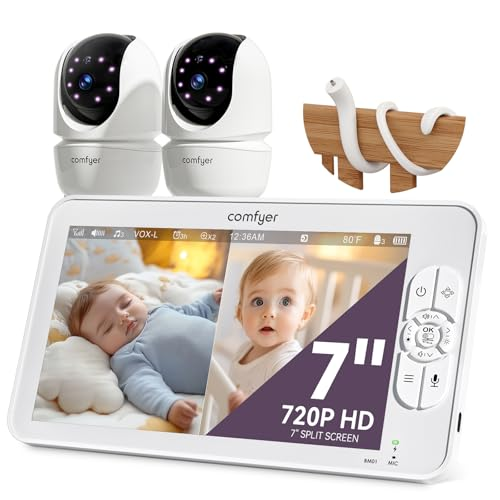 Comfyer BM01 7" HD Split-Screen Baby Monitor, Video Baby Monitor with 2 Cameras and Audio, No WiFi Monitor with a Flexible Bracket, Up to 2 Days in VOX Mode with Sound Alert, 4X Zoom, Night Vision