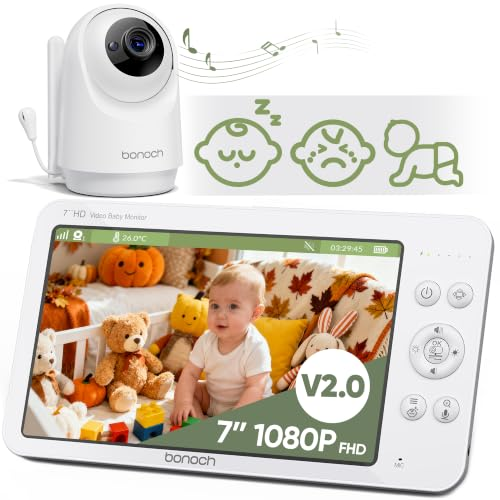 bonoch V2.0 MegaView 7" 1080P Baby Monitor No WiFi, Hack Proof, White Noise | Video Monitor with Camera and Audio, Upgraded Sleep/Crying/Motion Detect, VOX Mode, Night Vision, Remote PTZ, 2-Way Talk