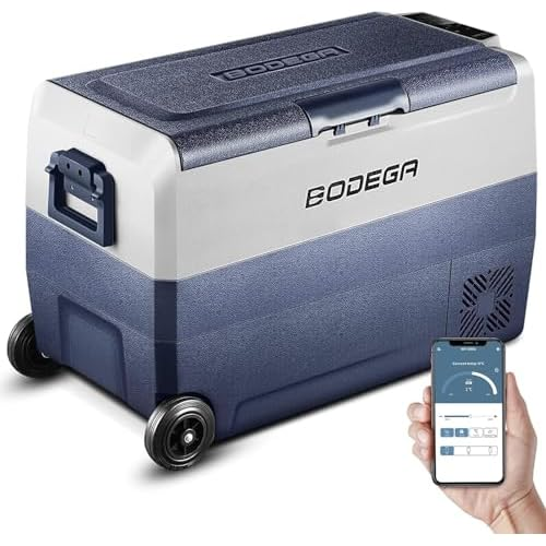 BODEGA 12 Volt Portable Car Refrigerator 53 Quart Single Zone | With wheels，Car Freezer Bluetooth Control,-4℉-68℉ Electric Cooler 12/24V DC &100-240V AC for Travel,Camping,RV, Road Trip