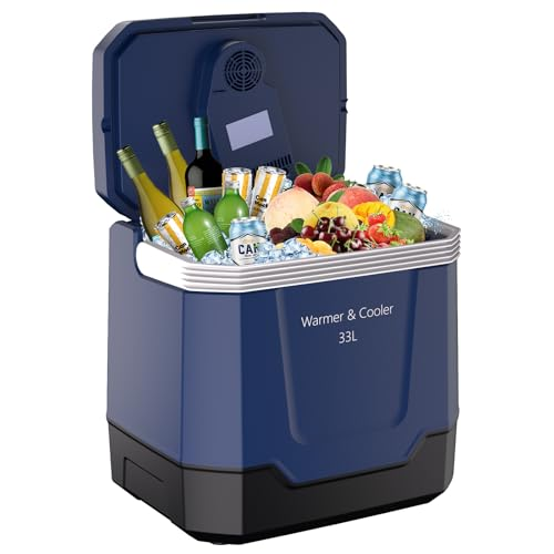 Garvee 35 Quart (33 L) Electric Cooler & Warmer, Portable Car Refrigerator With Automatic Locking Handle, 12V Car Cooler for Vehicle & Trucks, 110V AC Home Power Cord, Plug In Coolers,Blue