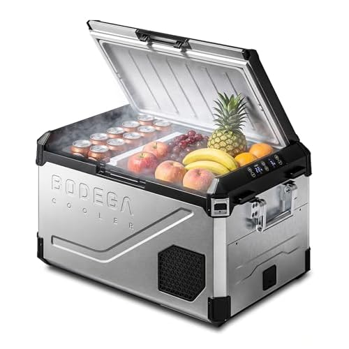 BODEGA Portable 12V Car Refrigerator, 47QT Stainless Steel Fridge with Removable Divider for Dual Zone MAX/ECO Modes & Battery Protection, Electric Cooler for RV, Truck, Camping